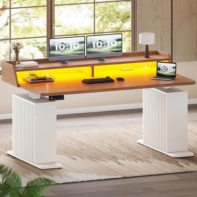 Main image of Standing Desk with Storage, 55" Fluted Stand Up Desk with Power Outlets & LED Lights, Height Adjustable Table with Monitor Shelf for Home Office, Gaming, Brown + White