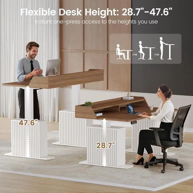 Alt view image 3 of 7 - Standing Desk with Storage, 55" Fluted Stand Up Desk with Power Outlets & LED Lights, Height Adjustable Table with Monitor Shelf for Home Office, Gaming, Brown + White