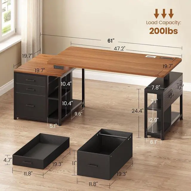 Alt view image 2 of 7 - Electric Standing Desk with 3 Fabric Drawers, 61" Height Adjustable Office Executive Desk with Storage Drawers, Stand up Computer Desk with Power Outlet for Home Office (Black + Brown)