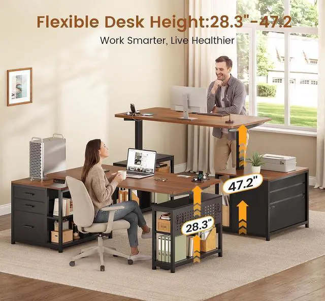 Alt view image 3 of 7 - Electric Standing Desk with 3 Fabric Drawers, 61" Height Adjustable Office Executive Desk with Storage Drawers, Stand up Computer Desk with Power Outlet for Home Office (Black + Brown)