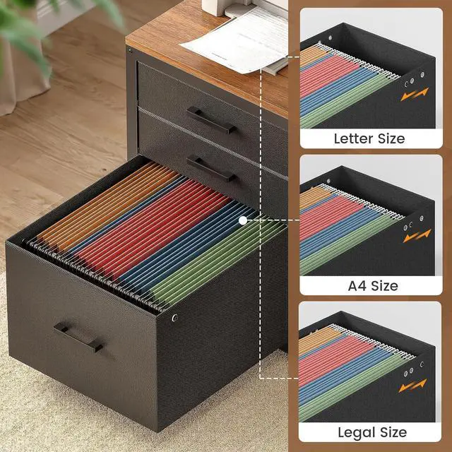 Alt view image 5 of 7 - Electric Standing Desk with 3 Fabric Drawers, 61" Height Adjustable Office Executive Desk with Storage Drawers, Stand up Computer Desk with Power Outlet for Home Office (Black + Brown)