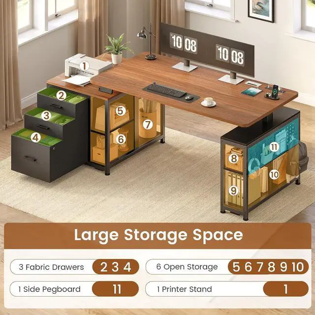 Alt view image 4 of 7 - Electric Standing Desk with 3 Fabric Drawers, 61" Height Adjustable Office Executive Desk with Storage Drawers, Stand up Computer Desk with Power Outlet for Home Office (Black + Brown)