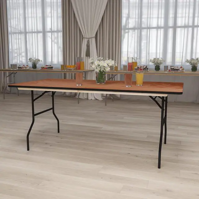 Alt view image 2 of 7 - Fielder 6' Rectangular All-Occasion Wood Folding Event Table, Foldable Portable Banquet Table with Wooden Top, Natural/Black