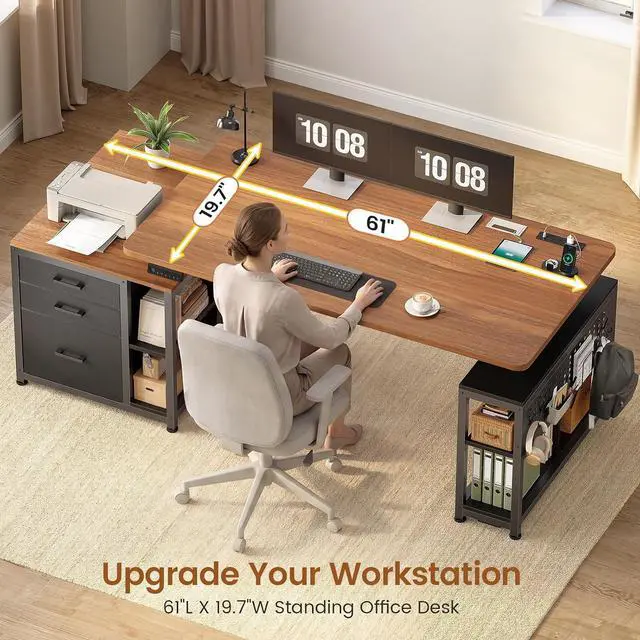 Alt view image 6 of 7 - Electric Standing Desk with 3 Fabric Drawers, 61" Height Adjustable Office Executive Desk with Storage Drawers, Stand up Computer Desk with Power Outlet for Home Office (Black + Brown)