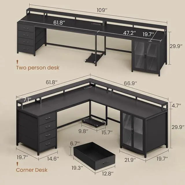 Alt view image 3 of 7 - L Shaped Gaming Desk with 4 Drawers, 109 Computer Desk with Display Cabinet, Home Office Desks with 2 Monitor Stands, CPU Stand, LED Lights and Power Outlet, Black