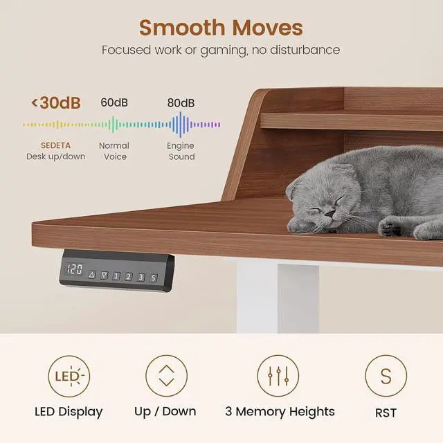 Alt view image 5 of 7 - Standing Desk with Storage, 55" Fluted Stand Up Desk with Power Outlets & LED Lights, Height Adjustable Table with Monitor Shelf for Home Office, Gaming, Brown + White