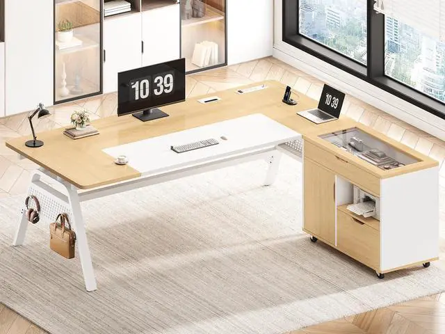 Main image of L Shaped Computer Desk with Mobile File Cabinet & Power Outlets, Executive Home Office Desk with Storage Drawers, Pegboard, Cable Management, Reversible L Desk for Work & Gaming, White + Oak