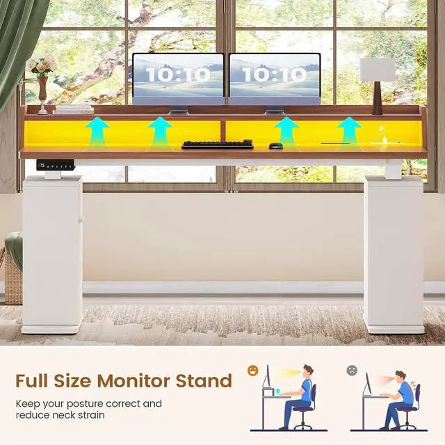 Alt view image 7 of 7 - Standing Desk with Storage, 55" Fluted Stand Up Desk with Power Outlets & LED Lights, Height Adjustable Table with Monitor Shelf for Home Office, Gaming, Brown + White