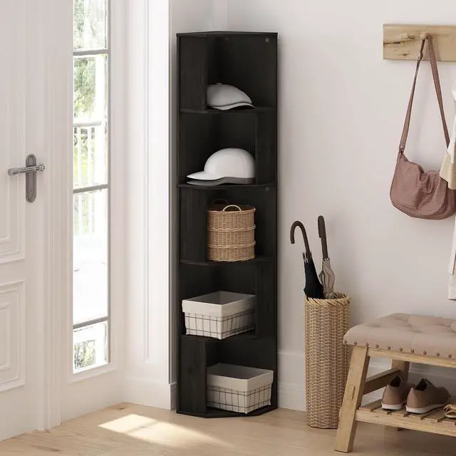 Alt view image 2 of 7 - ECON Corner Shelf, 5-Tier Corner Book Shelf, Standing Storage Shelves, Cube Display Rack, Bookshelf, for Organization and Storage, Living Room, Home Office, Espresso