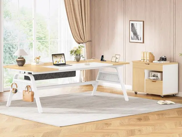 Alt view image 3 of 7 - L Shaped Computer Desk with Mobile File Cabinet & Power Outlets, Executive Home Office Desk with Storage Drawers, Pegboard, Cable Management, Reversible L Desk for Work & Gaming, White + Oak