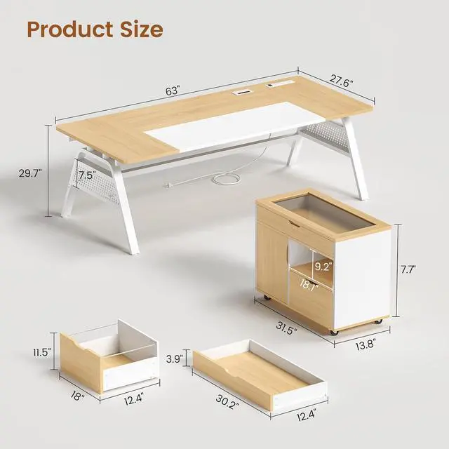 Alt view image 2 of 7 - L Shaped Computer Desk with Mobile File Cabinet & Power Outlets, Executive Home Office Desk with Storage Drawers, Pegboard, Cable Management, Reversible L Desk for Work & Gaming, White + Oak