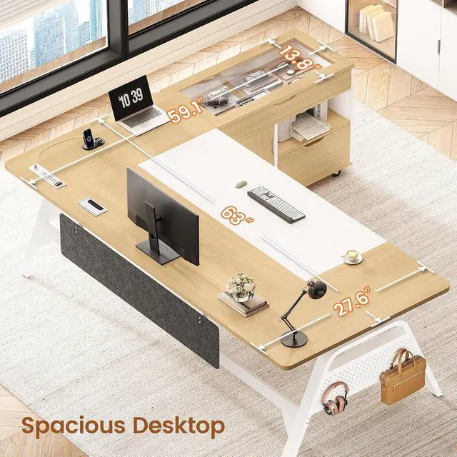 Alt view image 4 of 7 - L Shaped Computer Desk with Mobile File Cabinet & Power Outlets, Executive Home Office Desk with Storage Drawers, Pegboard, Cable Management, Reversible L Desk for Work & Gaming, White + Oak
