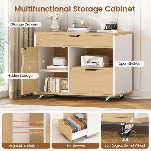 Alt view image 5 of 7 - L Shaped Computer Desk with Mobile File Cabinet & Power Outlets, Executive Home Office Desk with Storage Drawers, Pegboard, Cable Management, Reversible L Desk for Work & Gaming, White + Oak