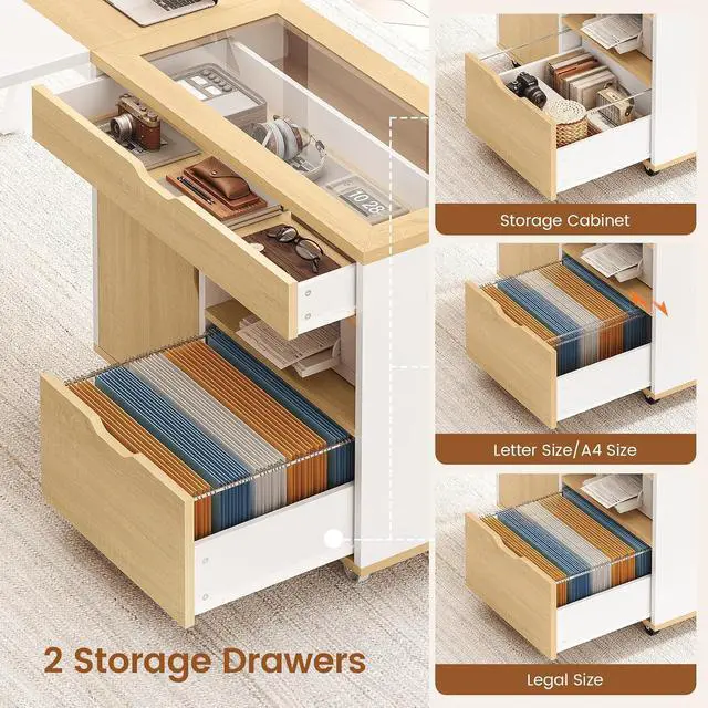 Alt view image 6 of 7 - L Shaped Computer Desk with Mobile File Cabinet & Power Outlets, Executive Home Office Desk with Storage Drawers, Pegboard, Cable Management, Reversible L Desk for Work & Gaming, White + Oak
