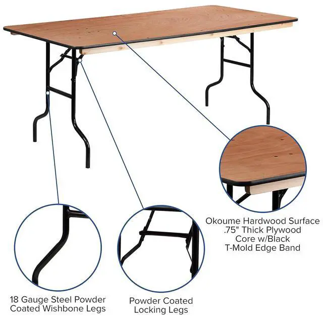 Alt view image 5 of 7 - Fielder 6' Rectangular All-Occasion Wood Folding Event Table, Foldable Portable Banquet Table with Wooden Top, Natural/Black