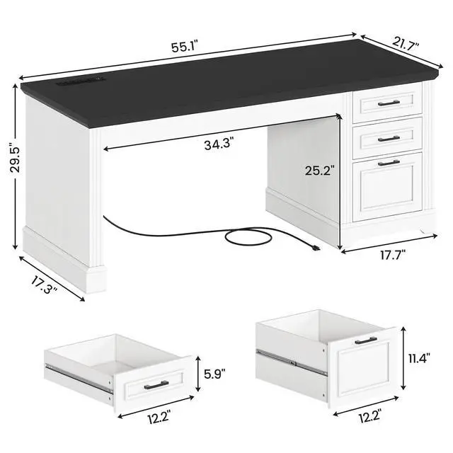 Alt view image 2 of 7 - Office Desk with 3 Drawers, 55" Executive Computer Desk with Storage Drawers, Farmhouse Desk with Power Outlet for Home Office, White