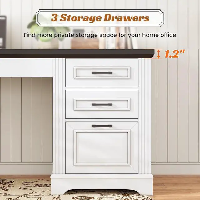Alt view image 7 of 7 - Office Desk with 3 Drawers, 55" Executive Computer Desk with Storage Drawers, Farmhouse Desk with Power Outlet for Home Office, White