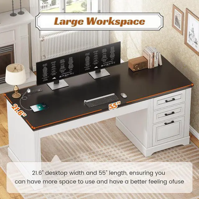 Alt view image 6 of 7 - Office Desk with 3 Drawers, 55" Executive Computer Desk with Storage Drawers, Farmhouse Desk with Power Outlet for Home Office, White