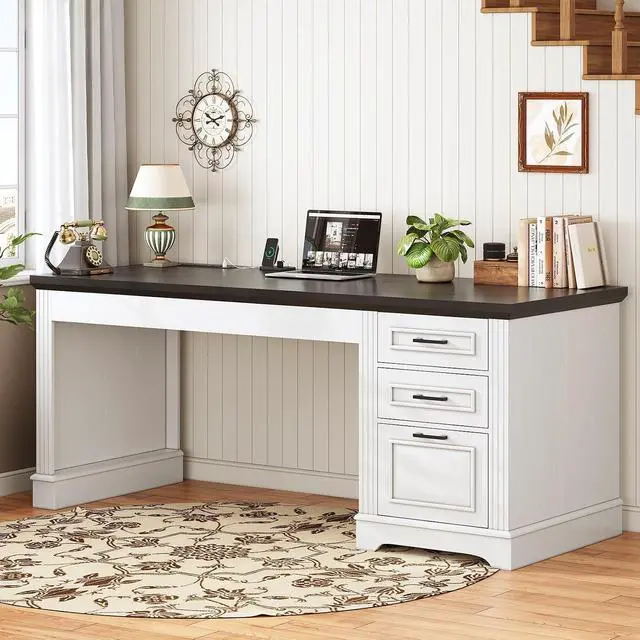Alt view image 3 of 7 - Office Desk with 3 Drawers, 55" Executive Computer Desk with Storage Drawers, Farmhouse Desk with Power Outlet for Home Office, White
