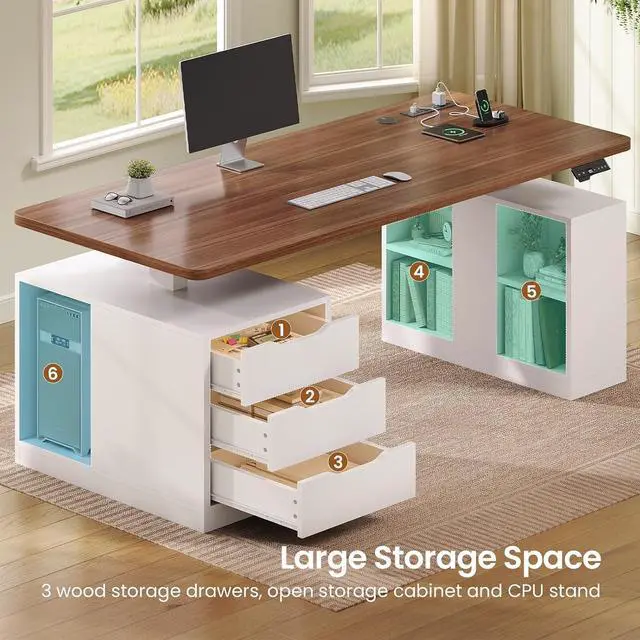 Alt view image 5 of 7 - Modern Electric Standing Desk, 63" Height Adjustable Computer Desk with 3 Drawers, Storage Shelves, Power Outlets, Wood Home Office Stand up Desk for Work, Study, Writing, White + Brown
