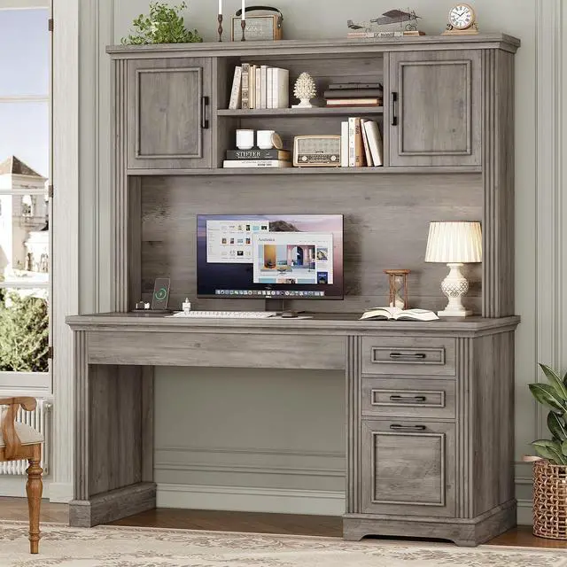 Main image of Office Desk with 3 Drawers, 47.2" Executive Computer Desk with Storage Drawers and Hutch Cabinet, Wood Farmhouse Desk with Power Outlet for Home Office, Grey