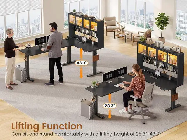Alt view image 3 of 7 - 67" Standing L Shaped Gaming Desk, Office Computer Desk with Storage Hutch, Stand Up Corner Desk with Pegboard & Led Lights for Home Office, Black
