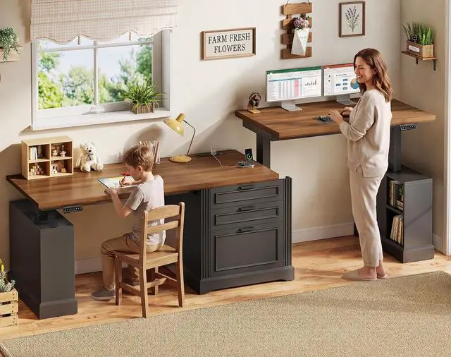 Alt view image 3 of 7 - Standing Two Person Desk, 98.4'' Farmhouse Long Computer Desk with 3 Drawers, Storage Cabinet, Electric Height Adjustable 2 Person Desk with Power Outlets for Home Office, Black+Brown