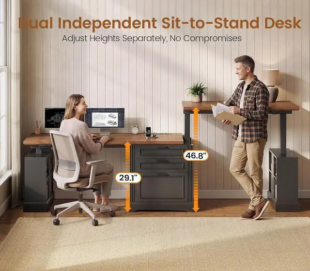 Alt view image 4 of 7 - Standing Two Person Desk, 98.4'' Farmhouse Long Computer Desk with 3 Drawers, Storage Cabinet, Electric Height Adjustable 2 Person Desk with Power Outlets for Home Office, Black+Brown