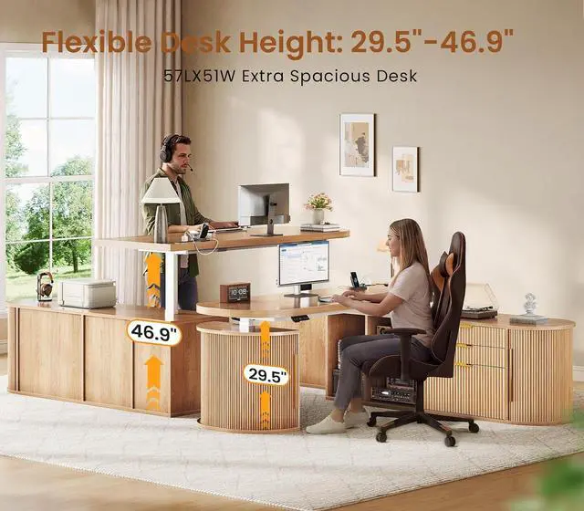 Alt view image 4 of 7 - 57" L Shaped Standing Desk with Storage, Electric Height Adjustable Curved Executive Desk, Fluted Desk with Drawers & Power Strip for Home Office, Light Oak