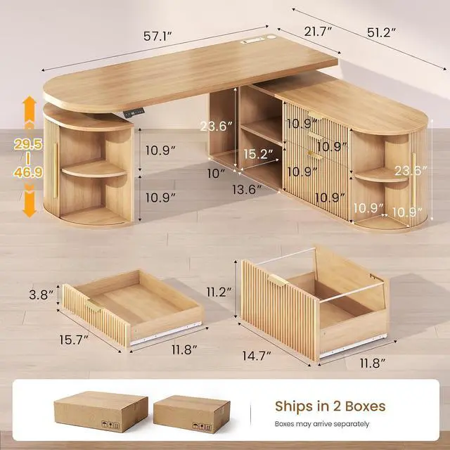 Alt view image 2 of 7 - 57" L Shaped Standing Desk with Storage, Electric Height Adjustable Curved Executive Desk, Fluted Desk with Drawers & Power Strip for Home Office, Light Oak