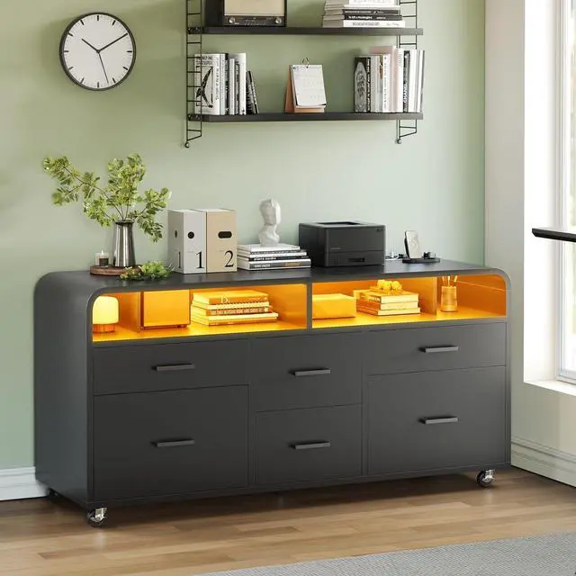 Main image of 6 Drawer File Cabinet with Power Strip, 47" Wood Mobile Lateral Filing Cabinet fits Legal/Letter/A4 Size for Home Office, Printer Stand with Storage Shelf and Led Lights, Black