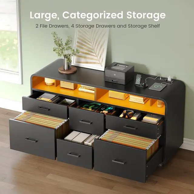 Alt view image 2 of 7 - 6 Drawer File Cabinet with Power Strip, 47" Wood Mobile Lateral Filing Cabinet fits Legal/Letter/A4 Size for Home Office, Printer Stand with Storage Shelf and Led Lights, Black