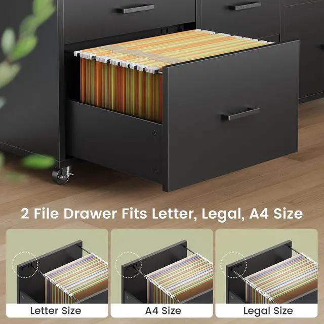 Alt view image 3 of 7 - 6 Drawer File Cabinet with Power Strip, 47" Wood Mobile Lateral Filing Cabinet fits Legal/Letter/A4 Size for Home Office, Printer Stand with Storage Shelf and Led Lights, Black