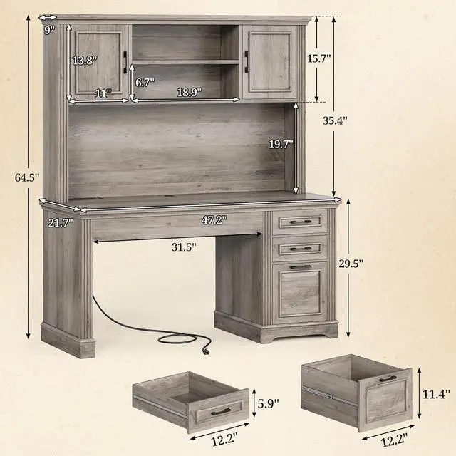 Alt view image 2 of 7 - Office Desk with 3 Drawers, 47.2" Executive Computer Desk with Storage Drawers and Hutch Cabinet, Wood Farmhouse Desk with Power Outlet for Home Office, Grey