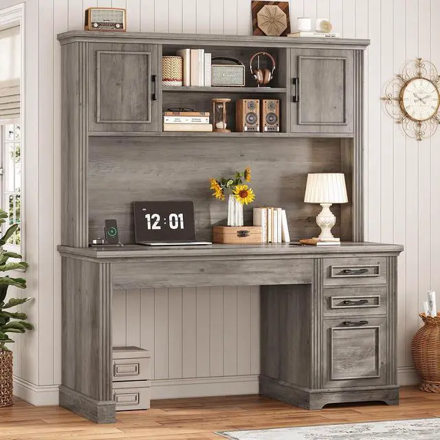 Alt view image 3 of 7 - Office Desk with 3 Drawers, 47.2" Executive Computer Desk with Storage Drawers and Hutch Cabinet, Wood Farmhouse Desk with Power Outlet for Home Office, Grey