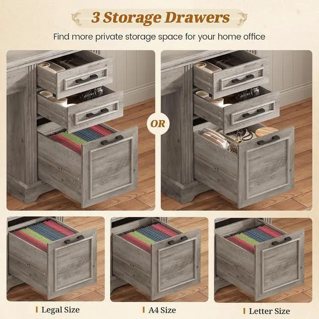 Alt view image 4 of 7 - Office Desk with 3 Drawers, 47.2" Executive Computer Desk with Storage Drawers and Hutch Cabinet, Wood Farmhouse Desk with Power Outlet for Home Office, Grey
