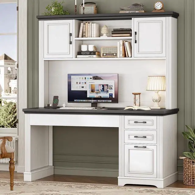 Main image of Farmhouse Computer Desk with Hutch and 3 Drawers, 47.2" Executive Office Desk with Storage Drawers, Wood Desk with Power Outlet for Home Office, White