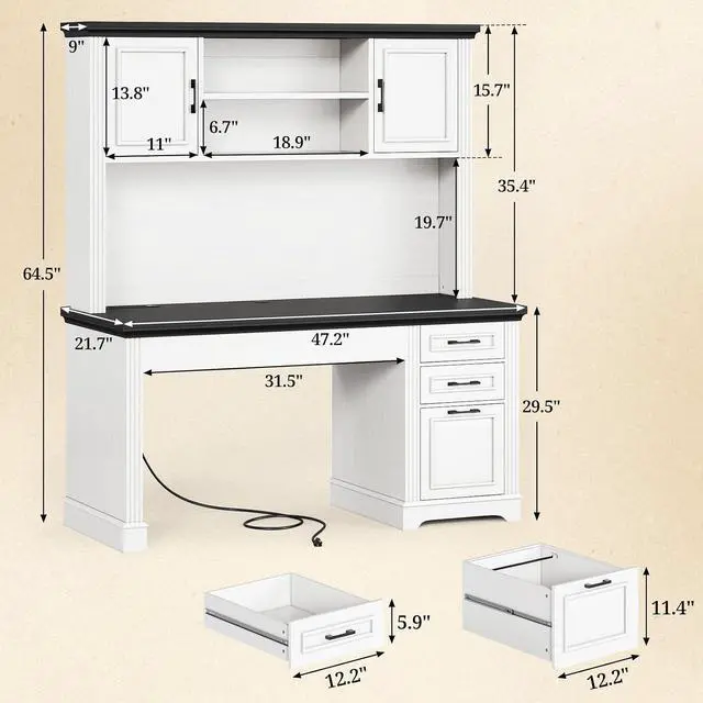 Alt view image 2 of 7 - Farmhouse Computer Desk with Hutch and 3 Drawers, 47.2" Executive Office Desk with Storage Drawers, Wood Desk with Power Outlet for Home Office, White