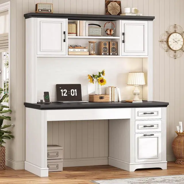 Alt view image 3 of 7 - Farmhouse Computer Desk with Hutch and 3 Drawers, 47.2" Executive Office Desk with Storage Drawers, Wood Desk with Power Outlet for Home Office, White