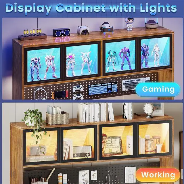 Alt view image 5 of 7 - 67" Standing L Shaped Gaming Desk, Office Computer Desk with Storage Hutch, Stand Up Corner Desk with Pegboard & Led Lights for Home Office, Rustic Brown