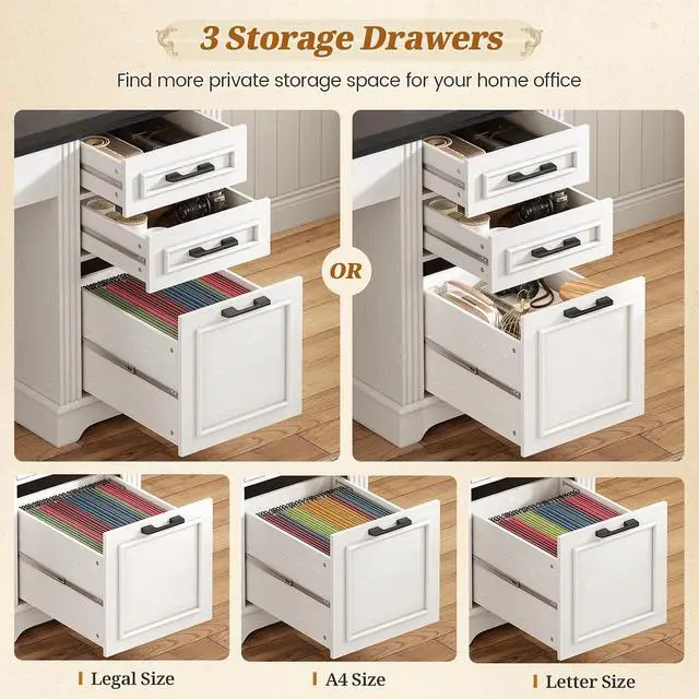 Alt view image 4 of 7 - Farmhouse Computer Desk with Hutch and 3 Drawers, 47.2" Executive Office Desk with Storage Drawers, Wood Desk with Power Outlet for Home Office, White