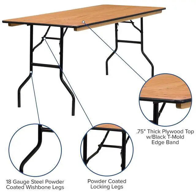 Alt view image 4 of 7 - Gael 6' Wood Folding Training and Event Table, Rectangular Folding Training Table with Smooth Clear Coated Finished Top, Natural