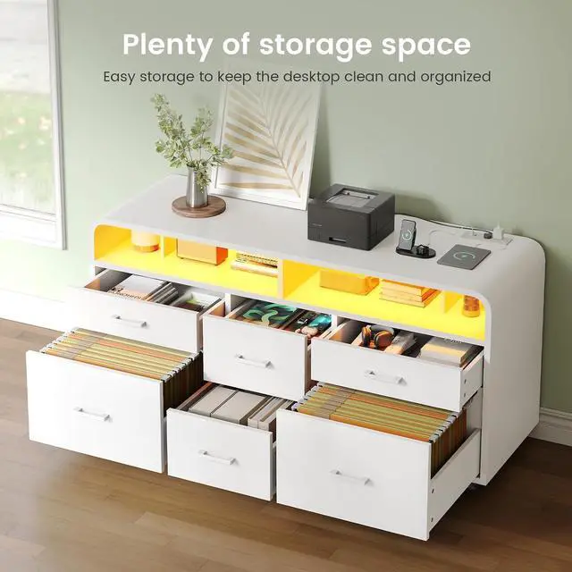Alt view image 2 of 7 - 6 Drawer File Cabinet with Power Strip, 47" Wood Mobile Lateral Filing Cabinet fits Legal/Letter/A4 Size for Home Office, Printer Stand with Storage Shelf and Led Lights, White