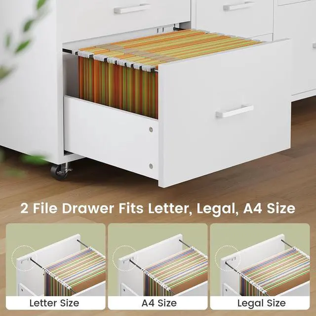 Alt view image 3 of 7 - 6 Drawer File Cabinet with Power Strip, 47" Wood Mobile Lateral Filing Cabinet fits Legal/Letter/A4 Size for Home Office, Printer Stand with Storage Shelf and Led Lights, White