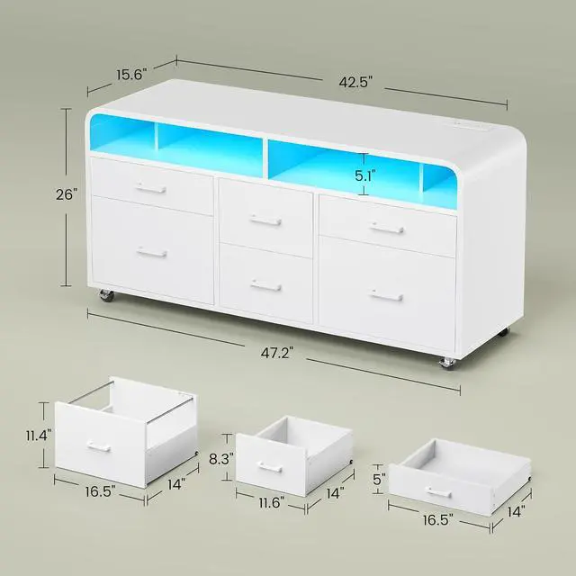 Alt view image 7 of 7 - 6 Drawer File Cabinet with Power Strip, 47" Wood Mobile Lateral Filing Cabinet fits Legal/Letter/A4 Size for Home Office, Printer Stand with Storage Shelf and Led Lights, White