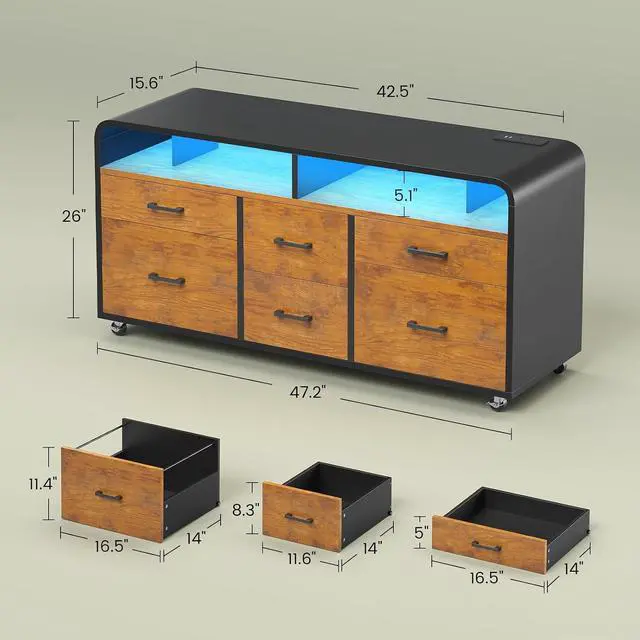 Alt view image 2 of 7 - 6 Drawer File Cabinet with Power Strip, 47" Wood Mobile Lateral Filing Cabinet fits Legal/Letter/A4 Size for Home Office, Printer Stand with Storage Shelf and Led Lights, Rustic Brown