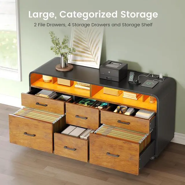 Alt view image 3 of 7 - 6 Drawer File Cabinet with Power Strip, 47" Wood Mobile Lateral Filing Cabinet fits Legal/Letter/A4 Size for Home Office, Printer Stand with Storage Shelf and Led Lights, Rustic Brown