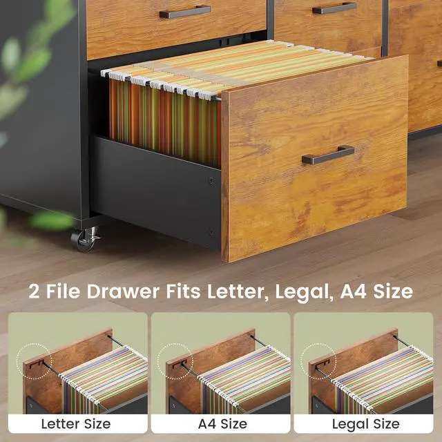 Alt view image 4 of 7 - 6 Drawer File Cabinet with Power Strip, 47" Wood Mobile Lateral Filing Cabinet fits Legal/Letter/A4 Size for Home Office, Printer Stand with Storage Shelf and Led Lights, Rustic Brown