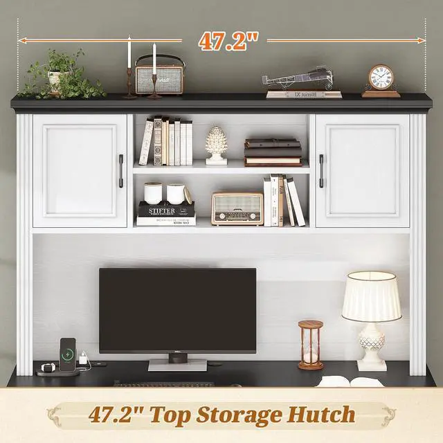 Alt view image 5 of 7 - Farmhouse Computer Desk with Hutch and 3 Drawers, 47.2" Executive Office Desk with Storage Drawers, Wood Desk with Power Outlet for Home Office, White