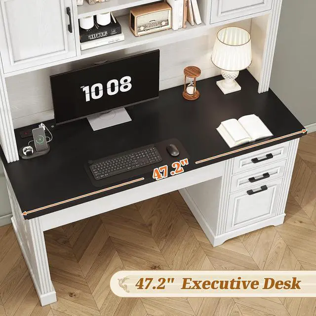 Alt view image 7 of 7 - Farmhouse Computer Desk with Hutch and 3 Drawers, 47.2" Executive Office Desk with Storage Drawers, Wood Desk with Power Outlet for Home Office, White